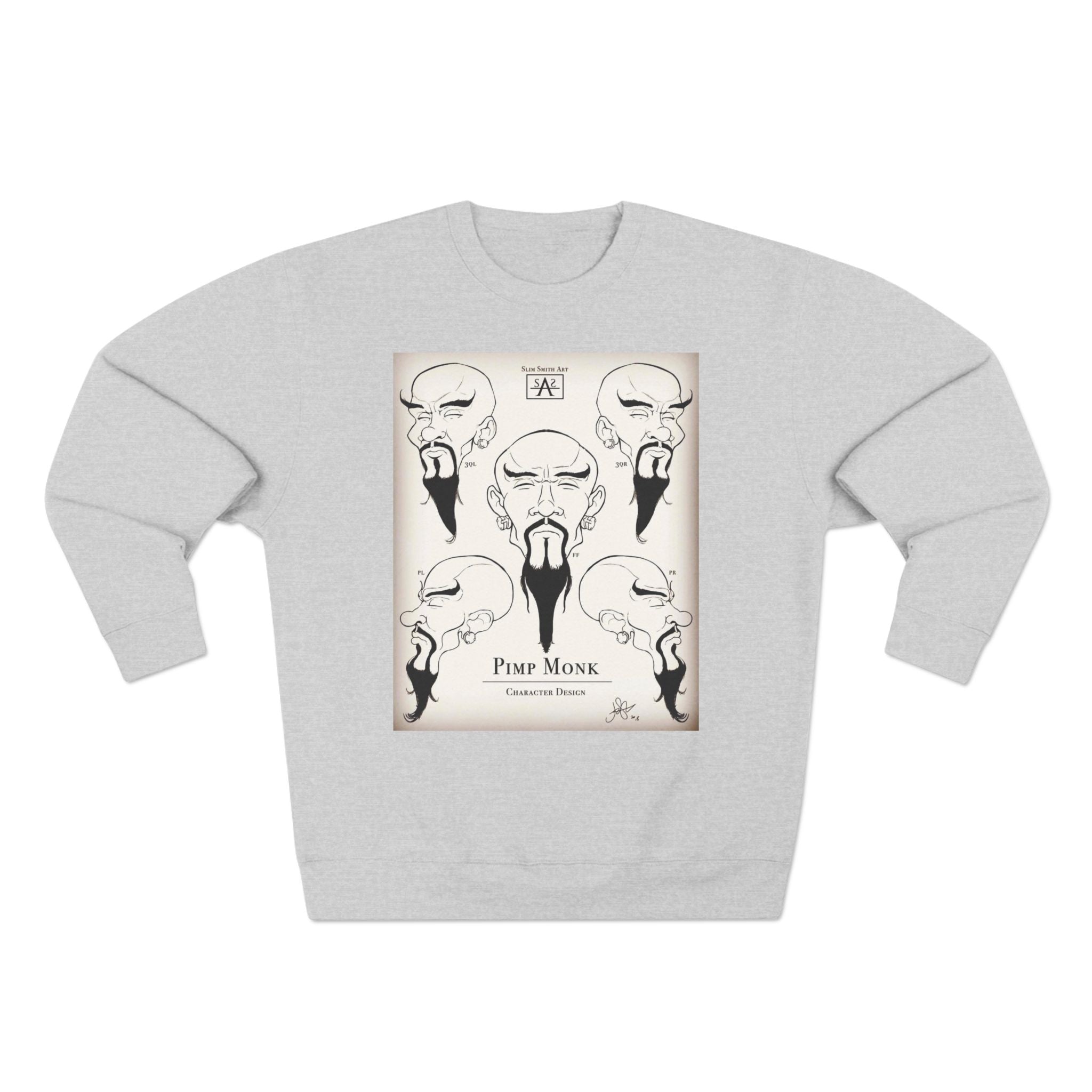 Pimp Monk Character Design Crewneck Sweatshirt — Vintage Tattoo-Style Monk Illustration