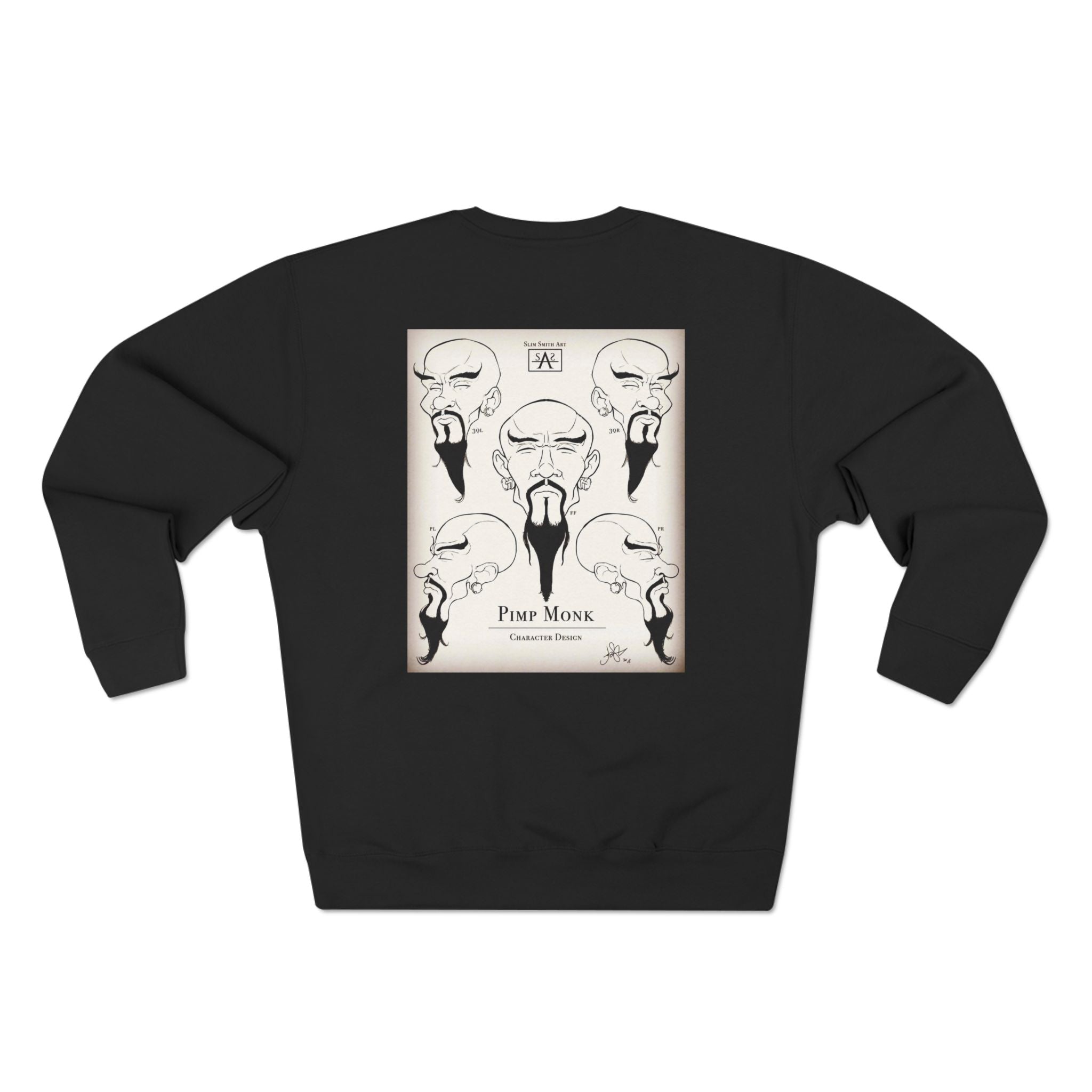 Pimp Monk Character Design Crewneck Sweatshirt — Vintage Tattoo-Style Monk Illustration