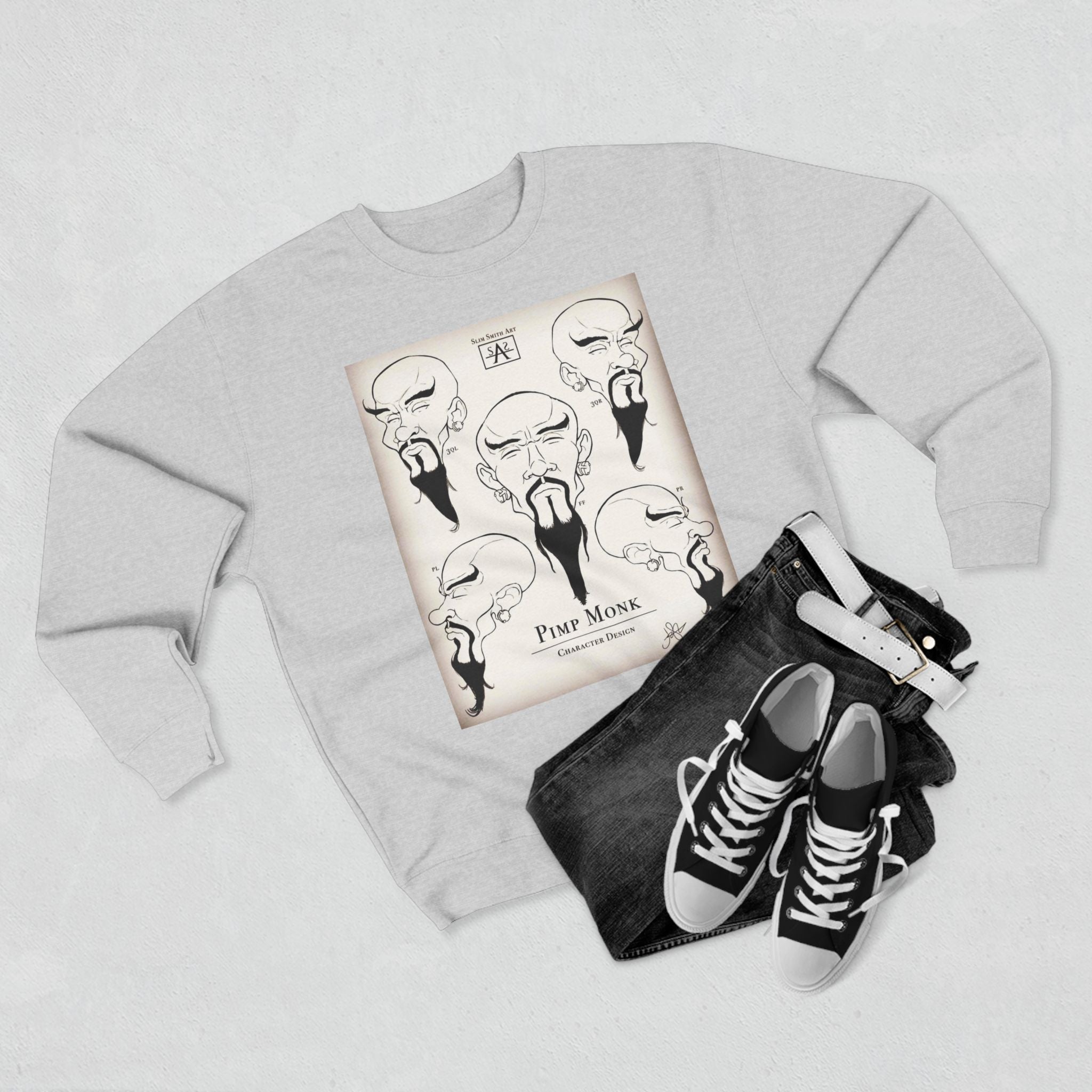 Pimp Monk Character Design Crewneck Sweatshirt — Vintage Tattoo-Style Monk Illustration