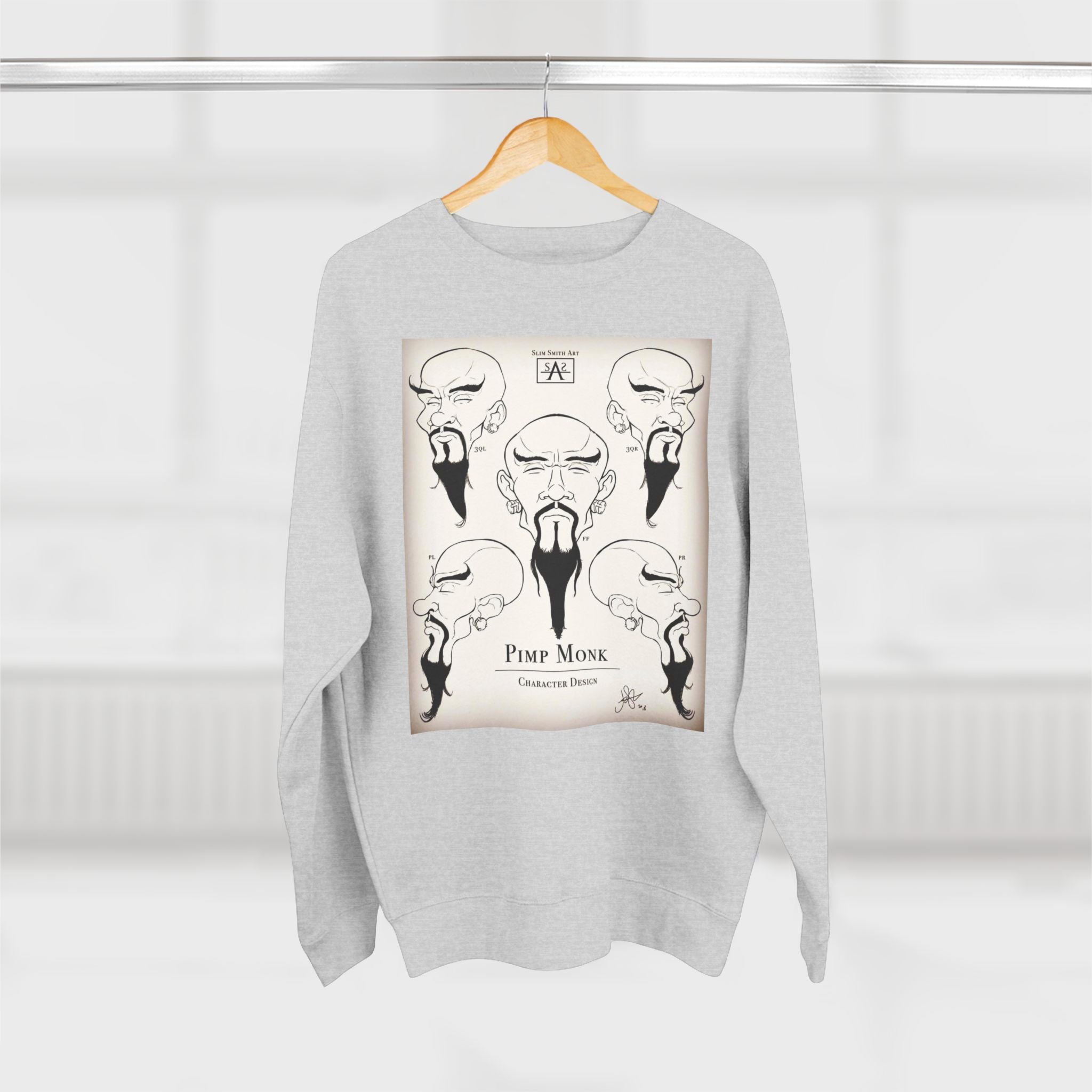 Pimp Monk Character Design Crewneck Sweatshirt — Vintage Tattoo-Style Monk Illustration